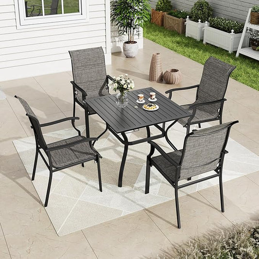 MFSTUDIO 5 PCS Patio Dining Set Outdoor Table and Chairs Set for 4, Square Metal Table with 4 Pieces Textilene Patio Dining Sling Chair, Outdoor Dining Table and Chairs Set for Patio
