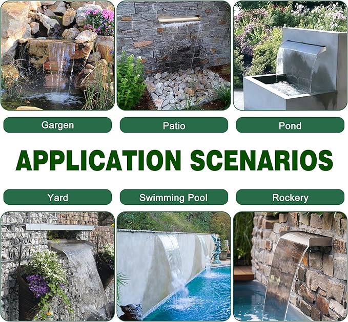 Waterfall Pool Fountain, LONGRUN Stainless Steel Waterfall Spillway for Pools and Ponds - 23.6" Wide Decorative Water Feature for Swimming Pools, Koi Ponds, and Garden