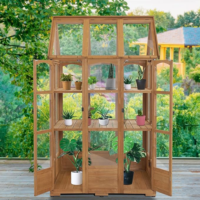 MCombo Wooden Greenhouse, Outdoor Greenhouse with Adjustable Roof Vent and 6 Lockable Door for Backyard/Outdoor Use, (48 x 38.8 x 83.9 Inches) 0851 (Natural)