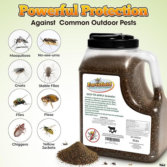 ForceField Natural Flea, Mosquito Yard Treatment - Repellent Granules for Backyard Mosquito Control | Pet Safe, DEET-Free Outdoor Control | Long-Lasting Barrier for Lawns, Patios, & Barns 3 LB