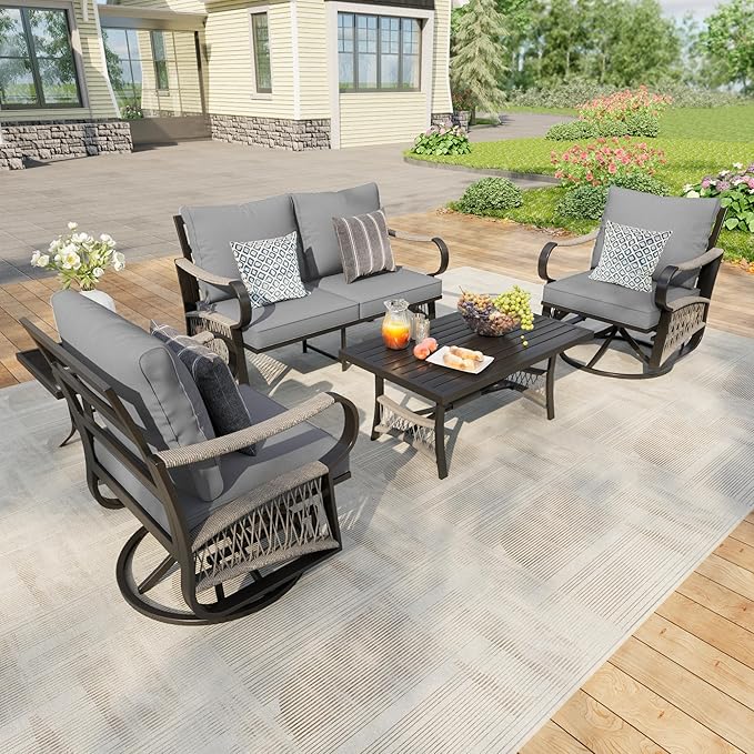 5 Pieces Patio Conversation Sets, All Weather Metal Outdoor Furniture Set Includes 2 Swivel Rockers with Side Table and Loveseat with Coffee Table for Backyard Garden Deck Porch Poolside, Gray