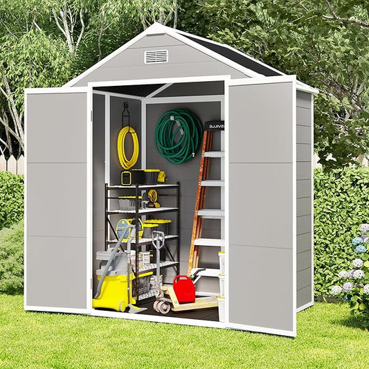 Outdoor Storage Shed 6x5 FT, Resin Shed with Floor & Window, Lockable Door, Vents, Outside Sheds & Garden Shed for Patio Furniture, Gardening Tools, Pool Equipment (Grey, 6 * 5ft)