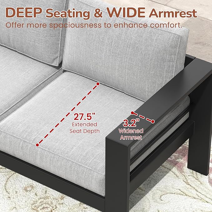Solaste Outdoor Aluminum Furniture Set - 4 Pieces Patio Sectional Chat Sofa Conversation Set with Table,Black Frame and Grey Cushion