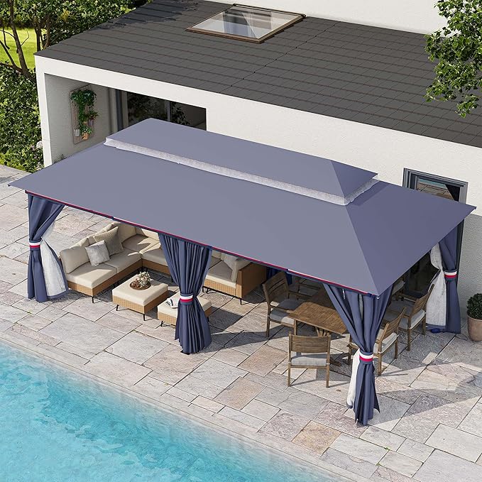LAUSAINT HOME Gazebo 10x20ft, Heavy Duty Patio Gazebo with Expansion Bolts, Party Canopy Tent with Double Roofs, Mosquito Nettings and Privacy Screens for Backyard, Garden, Lawn, Classic Blue