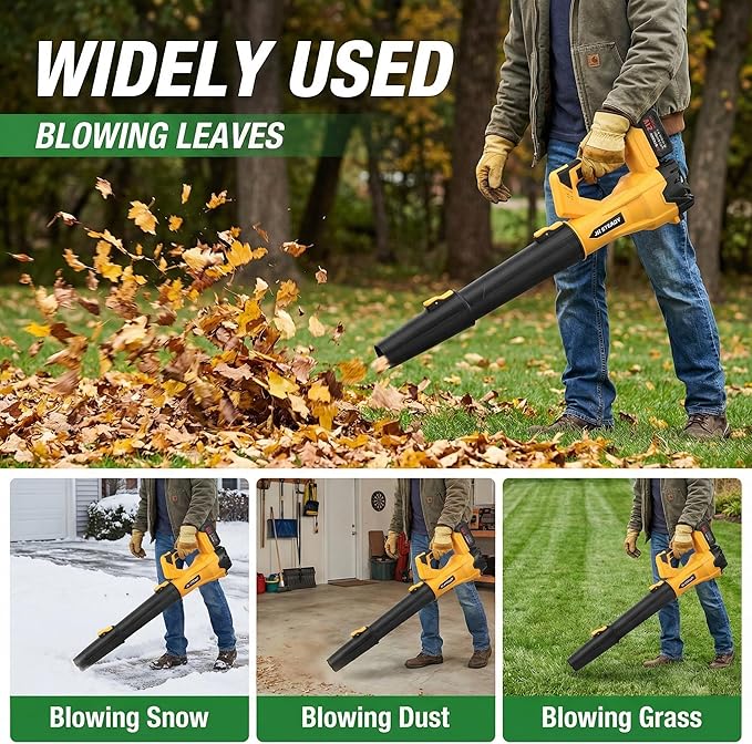 JH Steady 21V Cordless Leaf Blower - 3500W 350m/s, Stepless Variable Speed, Extended Nozzle, Rechargeable with Safety Gear (Yellow:2*Battery + Charger)