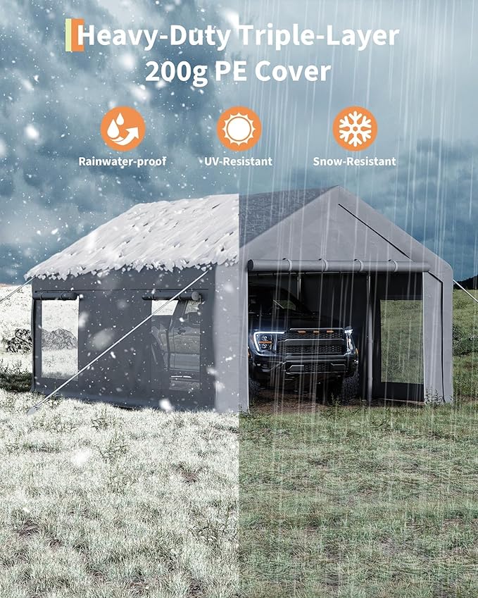 13x20 Ft Carport, Heavy Duty Portable Garage with Roll-Up Doors & 4 Windows,200g PE Tarp Waterproof & UV Protected,All-Weather Design,for Car, Boat, Truck, Motorcycle, ATVs, and SUV
