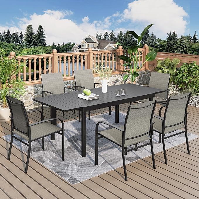 7 Pieces Patio Table and Chairs Set, Patio Dining Set for 6, 6 Textilene Chairs and 1 Expandable Rectangle Table with Umbrella Hole, for Deck Backyard Lawn Poolside, Brown
