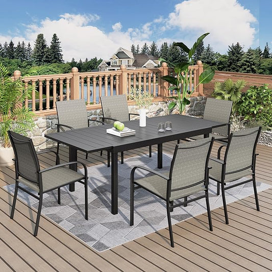 7 Pieces Patio Table and Chairs Set, Patio Dining Set for 6, 6 Textilene Chairs and 1 Expandable Rectangle Table with Umbrella Hole, for Deck Backyard Lawn Poolside, Brown