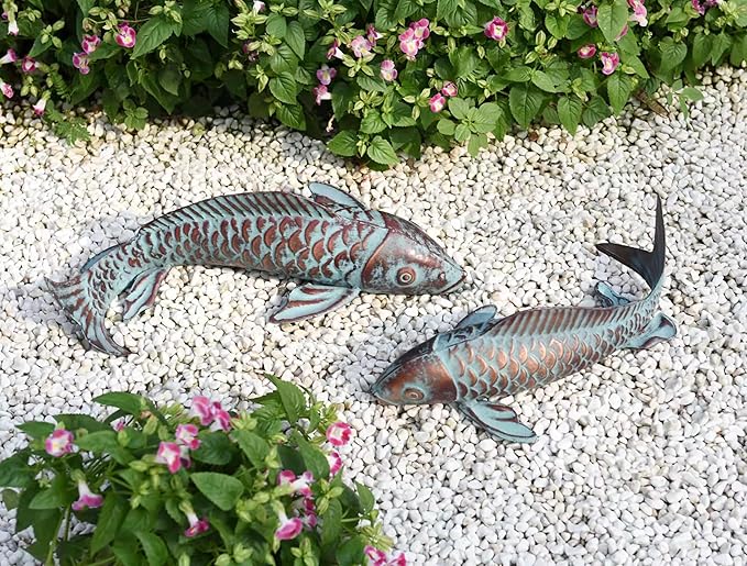 CLYB Garden Statues Koi Fish Decor Antique Copper Koi Garden Decor for Outside,Patio,Backyard,Pond,Home Decoration,Outdoor Metal Fish Sculptures Gardening Gifts for Women Mom Grandma,Set of 2