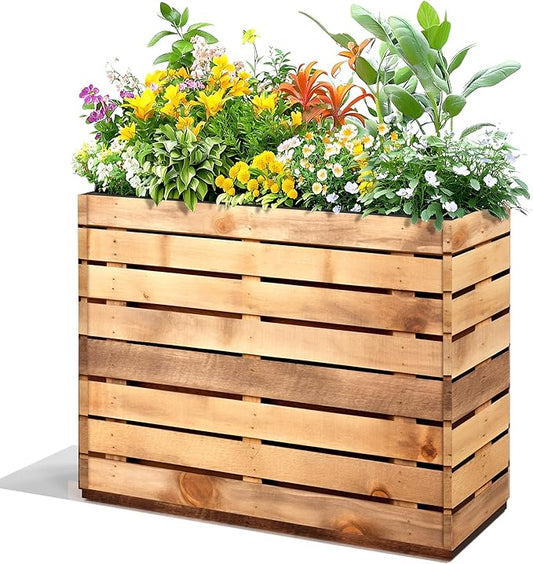 FENCY Metal Rectangular Planter Box, Large Planters for Outdoor Plants, Tall Planters for Outdoor Plants with Drainage Holes (30" L x 12" W x 24" H,Walnut Finish)