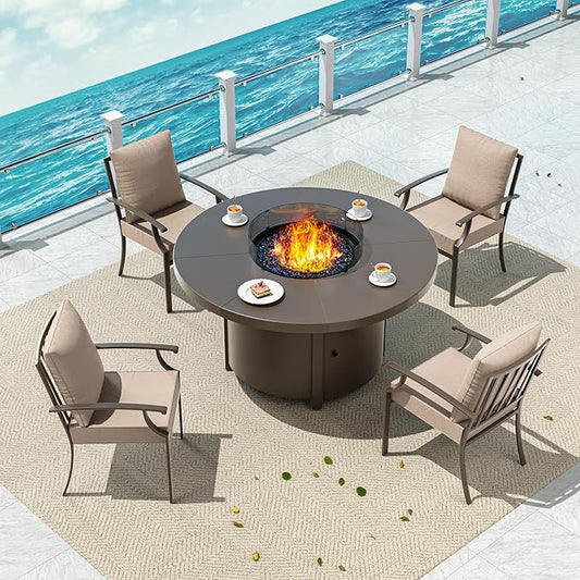 5 Pieces Patio Furniture Set with Round Fire Pit Table, Outdoor Conversation Sets 4 Chairs with Upgrade Cushions for Patio, Backyard Brown