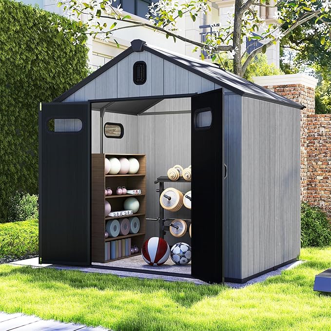Domi 8x8Ft Resin Outdoor Storage Shed, Plastic Garden Shed with Carpet, Outside Weatherproof Storage Building for Tools, Bike, Lawn Mower, Patio, Backyard