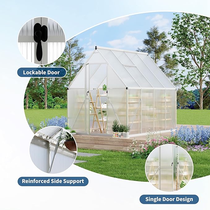 Polycarbonate Greenhouse for Outdoors, Large Walk-InGreenhouse with Quick Setup Structure and Roof Vent, Greenhouse with Ventilation