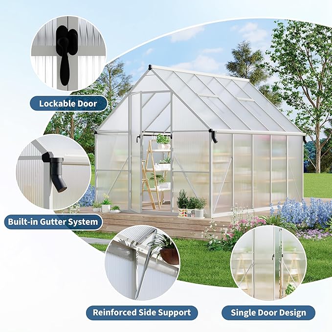 Polycarbonate Greenhouse for Outdoors, Large Walk-InGreenhouse with Quick Setup Structure and Roof Vent, Greenhouse with Ventilation
