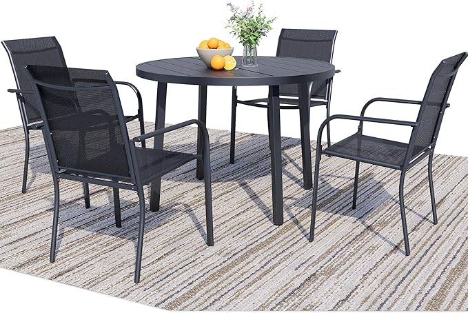 5 Pieces Patio Dining Set for 4, Black Patio Stackable Chairs and Black Round Table Set of 4, Outdoor Furniture Set with Sling Support for Outside, Garden