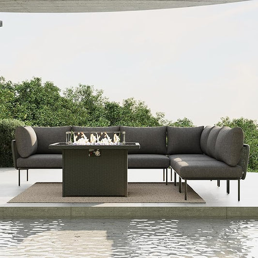 7 Piece Modern Outdoor Rope Wicker Sectional Patio L-Shaped Conversation Sofa Set Deep Seating with Fire Pit Table