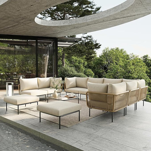 11 Piece Modern Outdoor Rope Wicker Sectional Patio L-Shaped Conversation Sofa Set Deep Seating with Thick Cushions