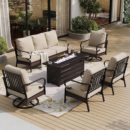 6 Piece Black Metal Outdoor Patio Furniture Sets with Firepit Table, Patio Conversation Sets 1 3-Seater Sofa, 2 Leg Sofa and 2 Swivel Sofa with 5.75" Cushion for Backyard Deck, Beige