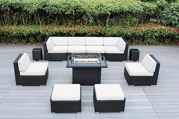 Fully Assembled Premium All-Weather Patio 11 Piece Outdoor Black Wicker Conversation Set Sunbrella White with 42-inch Propane Gas Fire Table