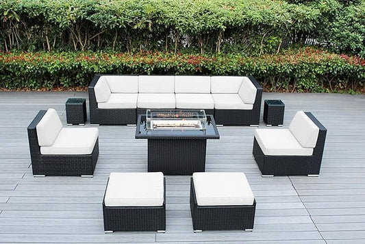 Fully Assembled Premium All-Weather Patio 11 Piece Outdoor Black Wicker Conversation Set Sunbrella White with 42-inch Propane Gas Fire Table