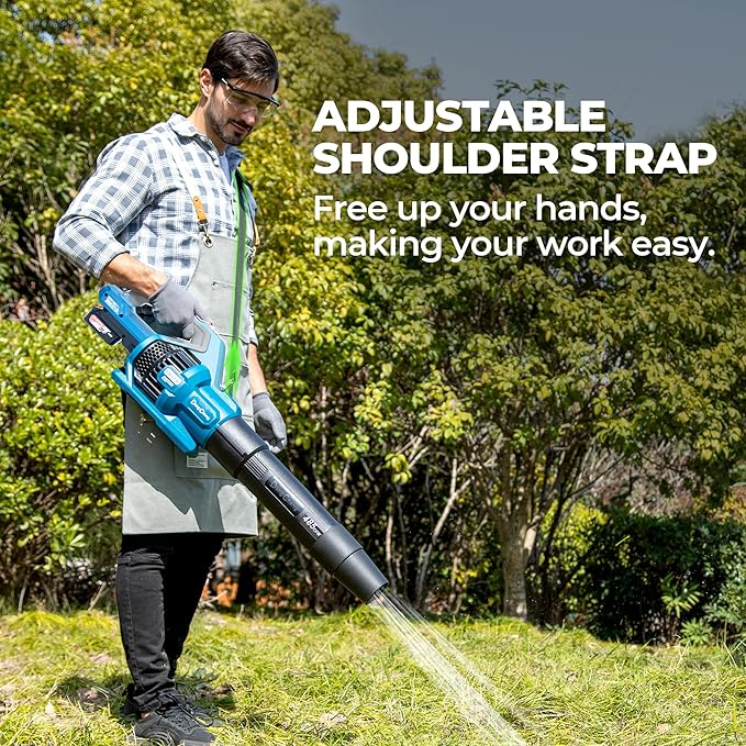 Dong Cheng Brushless 20V Leaf Blower, 485 CFM Variable Speed & Turbo Mode, Cordless Leaf Blower with 3 Nozzles, Shoulder Strap, 4.0Ah Battery and Charger, Blowing Leaves for Patio, Lawn & Garden