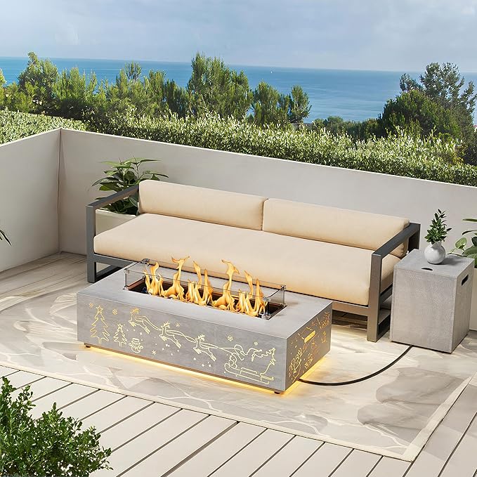 42" Propane Fire Pit Table with Christmas Cutout Decoration and LED Lights – 50,000 BTU with Wind Guard Glass, Lid, Rocks and Cover – Outdoor Fireplace (Light Grey/Christmas Golden, 42" LED)