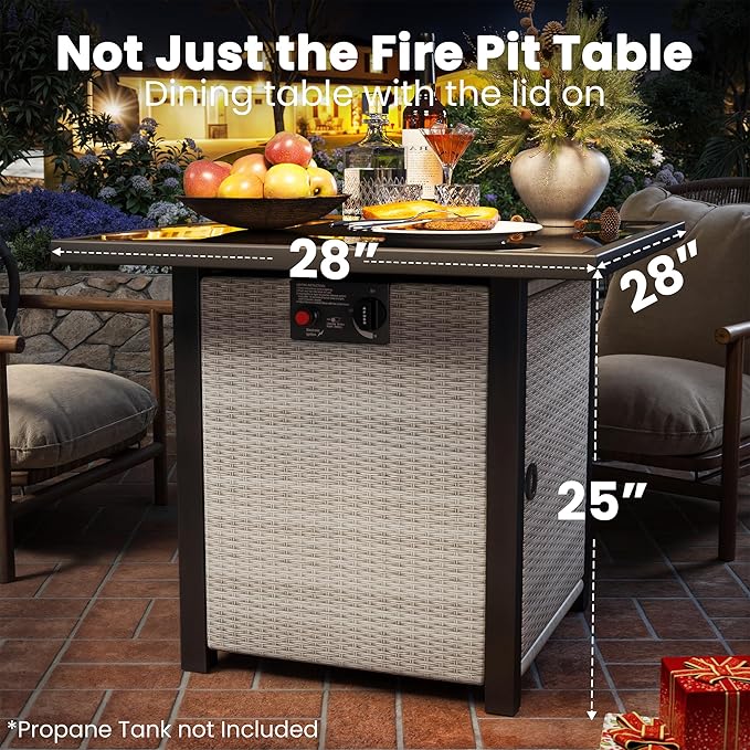 Propane Fire Pit Table, Outdoor Fire Pit Table, 28" Rattan Square Outdoor Gas Fire Pit with Glass Wind Guard, Tempered Glass Tabletop, Lid, CSA Listed, 50,000 BTU for Outside Patio Deck & Garden