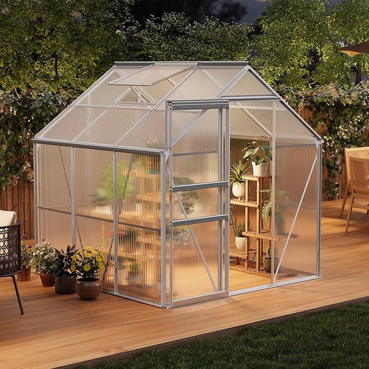 Garvee 6 x 6 FT Outdoor Greenhouse, Polycarbonate Greenhouses with Aluminum Frame, Sliding Door, Adjustable Roof Vent for Backyard, Green Houses for Outside Garden Backyard, Patio, Silver
