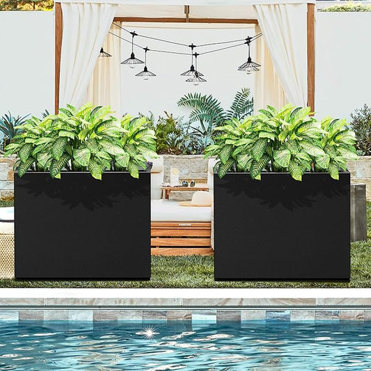 Metal Planter Box Rectangular Planter Box with Drainage Hole, Outdoor Large Planters, All-Weather Use, Rust-Resistance, for Flowers Plants, 29.9" L × 12" W × 24" H, Black