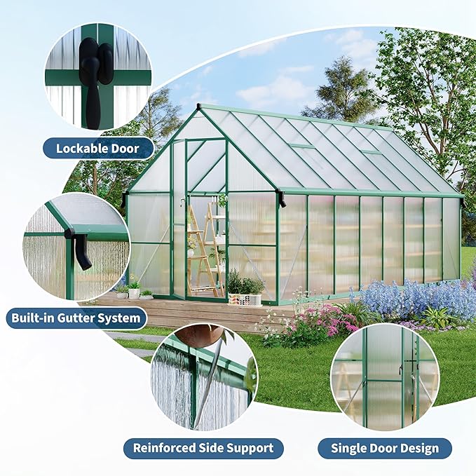Polycarbonate Greenhouse for Outdoors, Large Walk-InGreenhouse with Quick Setup Structure and Roof Vent, Greenhouse with Ventilation