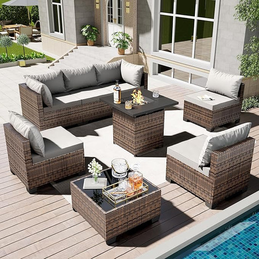 7/8-Piece Patio Conversation Set with Fire Pit Table, Outdoor All-Weather Rattan Sofa Sectional, Handwoven Wicker Furniture for Backyard, Easy Assembly & Weather-Resistant Design