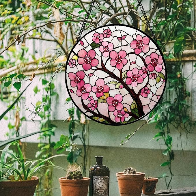 CRISGIF Stained Glass Window Hanging - Cherry Blossoms Birth Flower Suncatcher for Door Garden Patio Sun Catchers Decor Christmas Mother's Day Birthday Gifts for Women Mom Nana Friend Wife 7.8 in