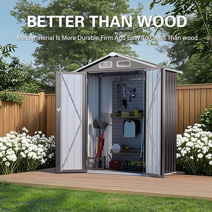 5x3 FT Outdoor Storage Shed, Metal Shed with with Peaked Roof, Lockable Door, All-Weather Lean to Resin Shed for Garden, Backyard, Patio, Lawn (Gray)