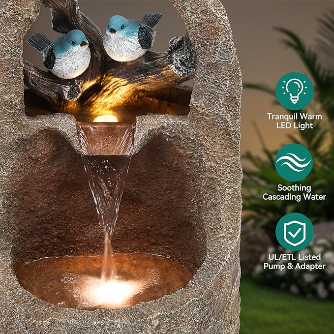 Autodaya 27" Outdoor Water Fountain with LED Lights,2-Tier Bird Natural Zen Garden Fountain, Relaxing Waterfall Floor, Yard, Porch or Deck Decor, Whether-Resistant, Faux Granite Texture