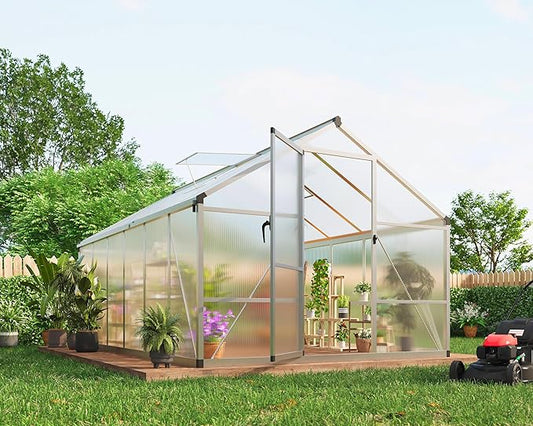 8x12 ft Greenhouse for Outdoors, Polycarbonate Greenhouse with Roof Vent, Ground Nails, Lockable Push Door, Aluminum Large Walk-in Green House for Outside Garden Backyard, Patio, Lawn, Silver