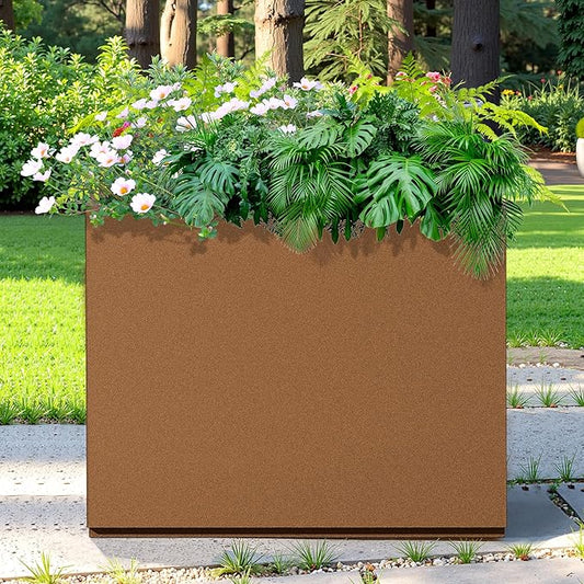 Rectangle Planter for Indoor & Outdoor, Tall and Long Planter Boxes with Drainage Holes, Mental Divider Planter Box All-Weather Use for Plants, Flowers, 29.9" L x 12" W x 24" H, Brown