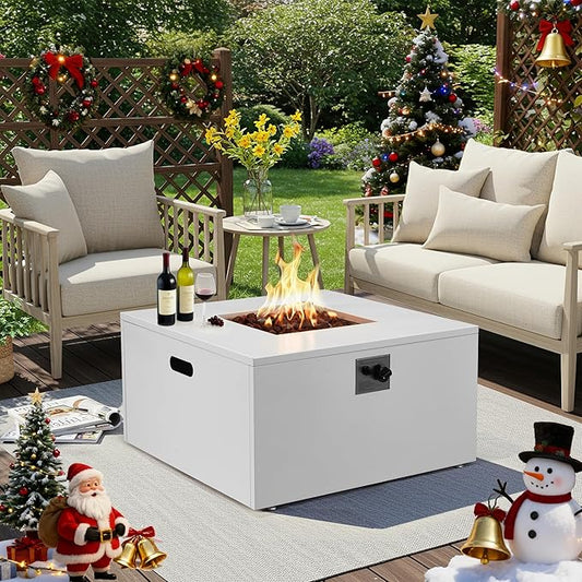 ECOTOUGE 32" Square Propane Fire Pit Table, 50,000 BTU Outdoor Gas Fire Pit with Lid, Steel Fireplace w/Weather-Resistant Pit Cover, Lava Rocks for Patio, CSA Certified, White