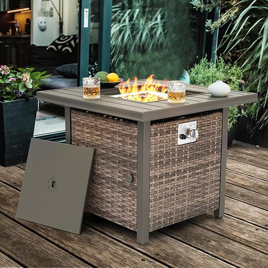 Nuu Garden Propane Fire Pit Table, CSA Certified 30 Inch 50,000 BTU Outdoor Propane Gas Cabinet Square Fire Pit Table, Iron Tabletop, Rattan and Iron Frame, with Lid and Fire Glass Beads, Black