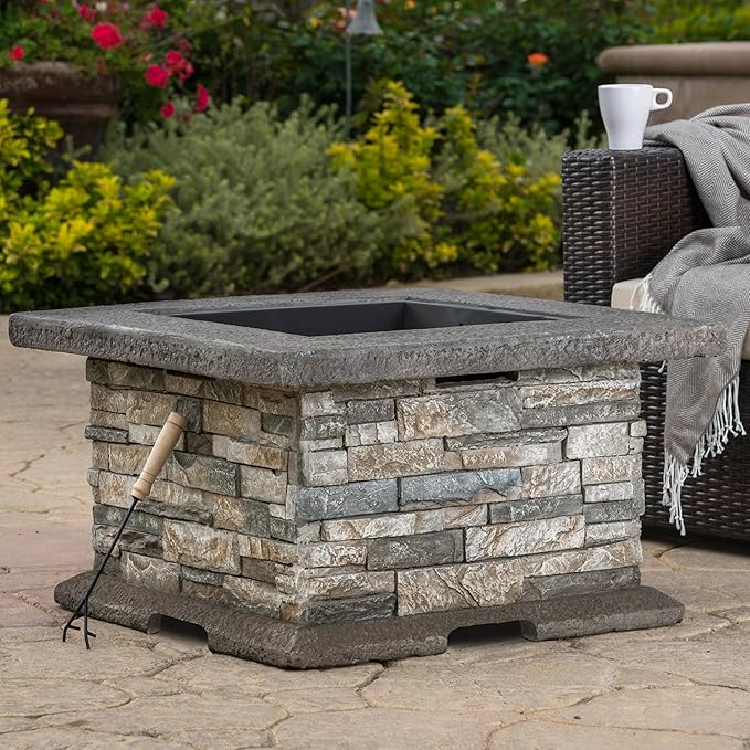 29 Inch Outdoor Fire Pit Table, Wood Burning Fire Pit for Patio with Spark Screen, Fire Poker, MGO Square Fireplaces for Camping, Garden, Backyard, Bonfire Party, Stone Gray