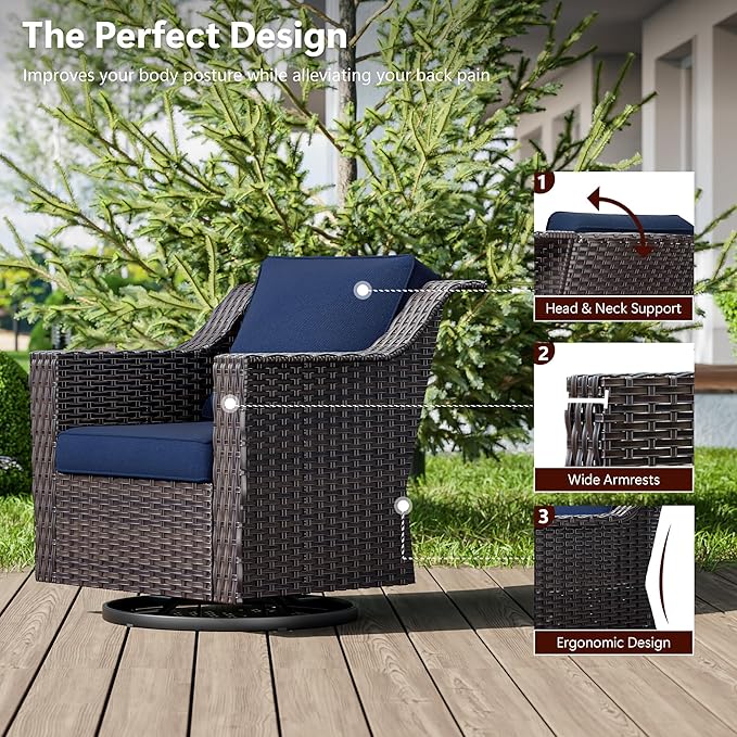5 Pieces Wicker Patio Furniture, Luxury Outdoor Furniture with 2 Patio Swivel Chair, 2 Patio Ottoman and 1 Side Table, Wide Armrest, Thickened Cushions, Ideal for Deck, Porch Use