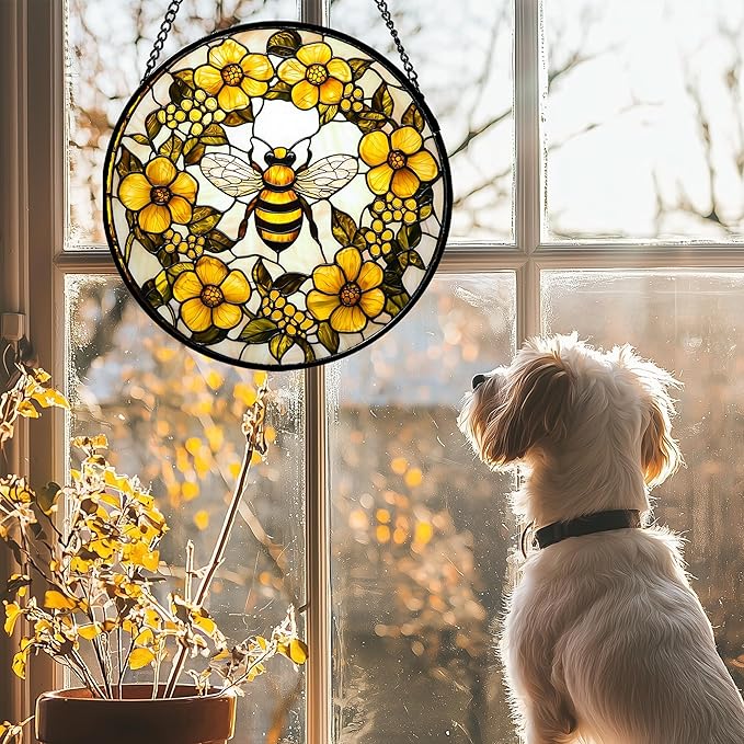 AMDERVEN Stained Glass Window Hanging - Yellow Flowers Surrounded by Bees Sun Catcher for Door Garden Home Decor Cute Suncatcher Christmas Mother's Day Birthday Gifts for Women Men Mom Nana 9.8 in
