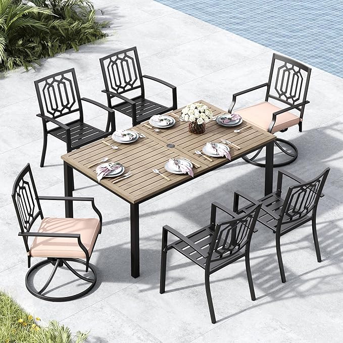 MFSTUDIO Outdoor Dining Set for 6, Patio Table and Chairs Set with Umbrella Hole, 7 Piece Patio Dining Set with Stackable Chairs and Swivel Chairs