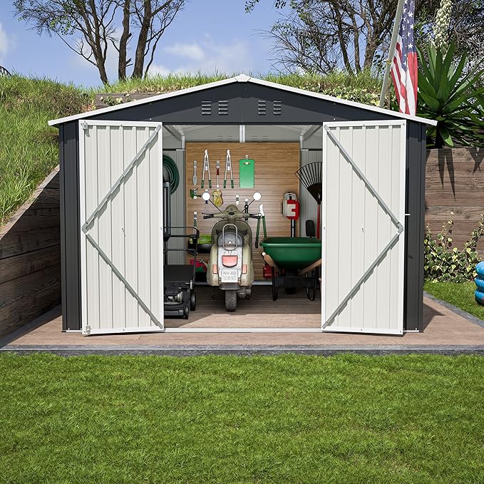 Favfurish 10 x 10 FT Outdoor Storage Shed,Heavy Duty Tool Sheds Metal Storage Garden Shed with Sloped Roof and Lockable Doors,Large Metal Storage Sheds for Backyard Patio Lawn, Black