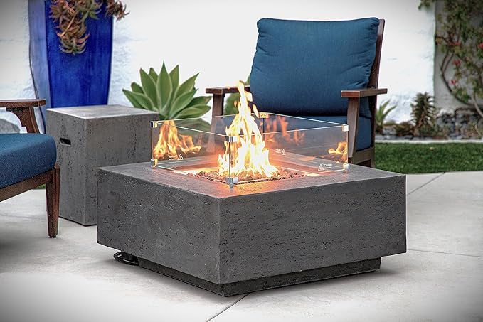 AMS Creations | Albany Square Natural Gas Outdoor Fire Pit Table | Concrete GFRC Fire Pit Table | with SS Burner, Canvas Cover, SS Lid, Lava Rock, and Wind Guard Included (Fuel Type: Natural Gas)