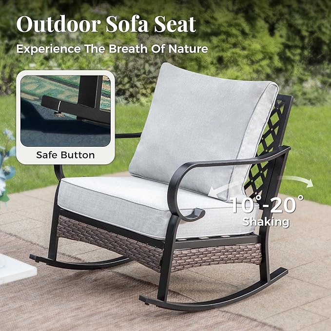 Patio Furniture Set with Firepit Table, Black Frame Outdoor Conversation Set with 2 x Fixed Chairs, 2 x Rocking Chairs, 1 x 3-Seat Sofa for Lawn Garden Backyard, Light Grey