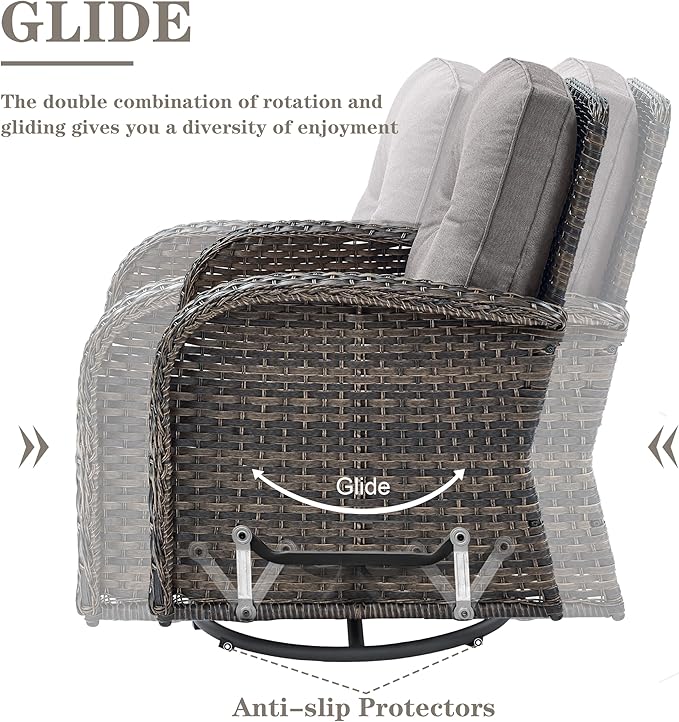 Belord Small Conversation Sets Patio Funiture - 5 Piece Outdoor Swivel Rocker Wicker Furniture Sets with Ottomans Side Table Perfect for Patio Deck Backyard, Brown Wicker Grey Cushion