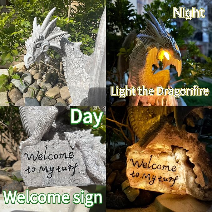 Jy.Cozy Garden Large Dragon Statue Solar Powered Outdoor Figurine Light The Dragonfire Welcome to My Turf Sign Big Resin Sculpture Home Decoration Housewarming Ornament Unique Gift