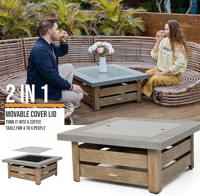 Firepits for Outside，Wood Burning Fire Pit with Wood-Grain Side Panels,Firepit for Outside with Mesh Cover & Fire Poker,Square Modern Outdoor Fireplace Fire Table. (Countryside)