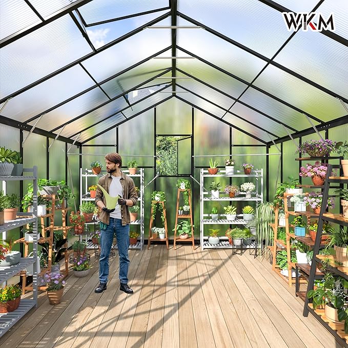 WKM 10x12 FT Polycarbonate Greenhouse, Enhanced Aluminum Frame Greenhouses for Outdoors Withstands Strong Wind or Snow with Roof Vent, Walk-in Green Houses for Outside Garden Backyard, Black