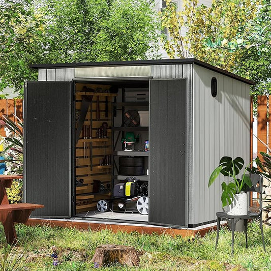 Domi 6.2x7.8 FT Outdoor Resin Storage Shed, All-Weather Double-Wall Storage Building with Sloping Roof for Backyard, Garden, Lawn Tools, Mower, Bike & Pool Equipment, Lockable Doors, Ventilated Roof